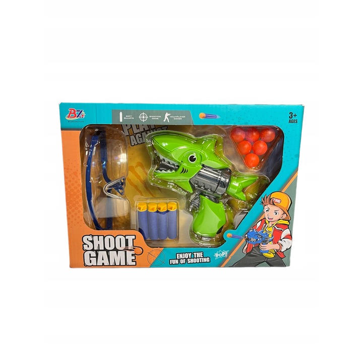 Set Pistol Rechin, Include Ochelari, Plastic, 6 bile, 4 Sageti, pentru copii 3+