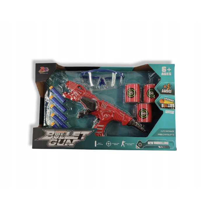 Set pistol in forma de dinozaur/5 sageti/3 tinte/ochelari, plastic, multicolor, 30cm