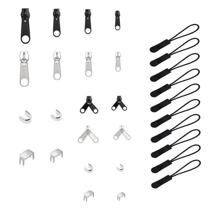 Kit de inlocuire pentru reparatii Zip Puller, Set cu 194 cheite fermoar pentru valize bagaje, jacheta, rucsacuri, haine, pantaloni, blugi