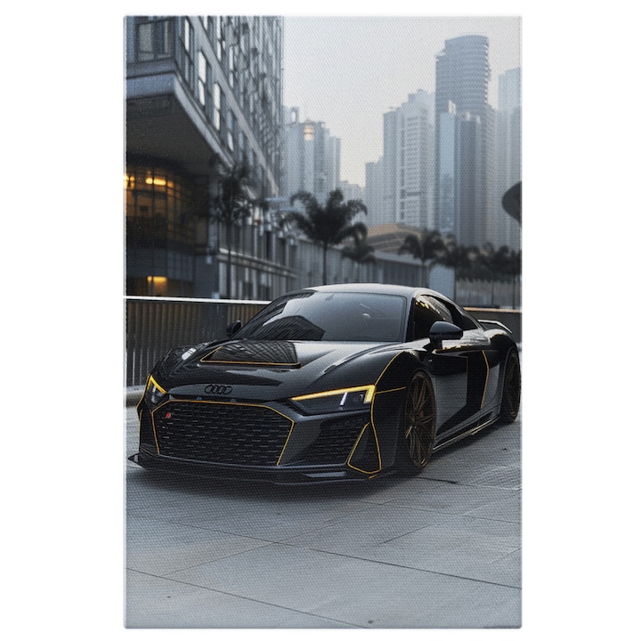 Tablou Canvas Audi Negru Masina Sport Lucioasa cu Detalii Galbene Merge pe o Strada cu Blocuri Inalte, Pictura Digitala 60x40CM