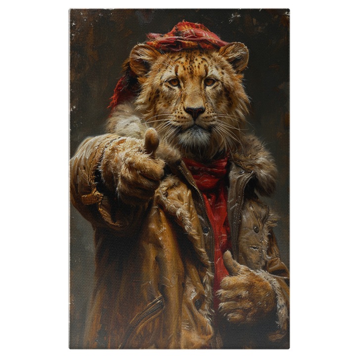 Tablou Canvas Leu Fioros Imbracat in Geaca de Piele Groasa cu o Esarfa Rosie care Arata ca este Bine, Pictura Digitala 40x25CM