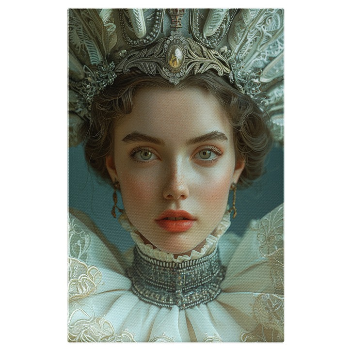 Tablou Canvas Dama cu Ochii Stralucitori cu Sprancene Groase si Pistrui cu Cercei si Coroana pe Cap in Rochie, Pictura Digitala 100x70CM