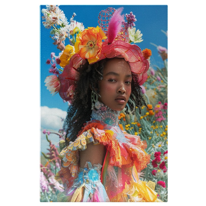 Tablou Canvas Printesa Florilor, Fata Mulatra cu Buze Mari si Palarie Acoperita de Flori in Rochie Colorata, Pictura Digitala 40x25CM