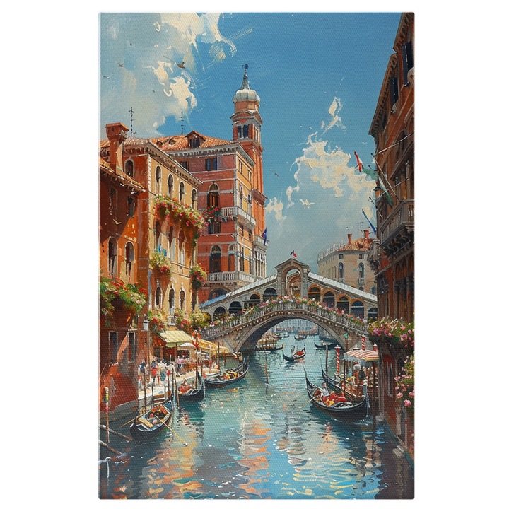 Tablou Canvas Beautiful Venice cu Gondole pe Apa cu Oameni care se Plimba si Cladiri Inalte cu Cerul Senin, Pictura Digitala 40x25CM