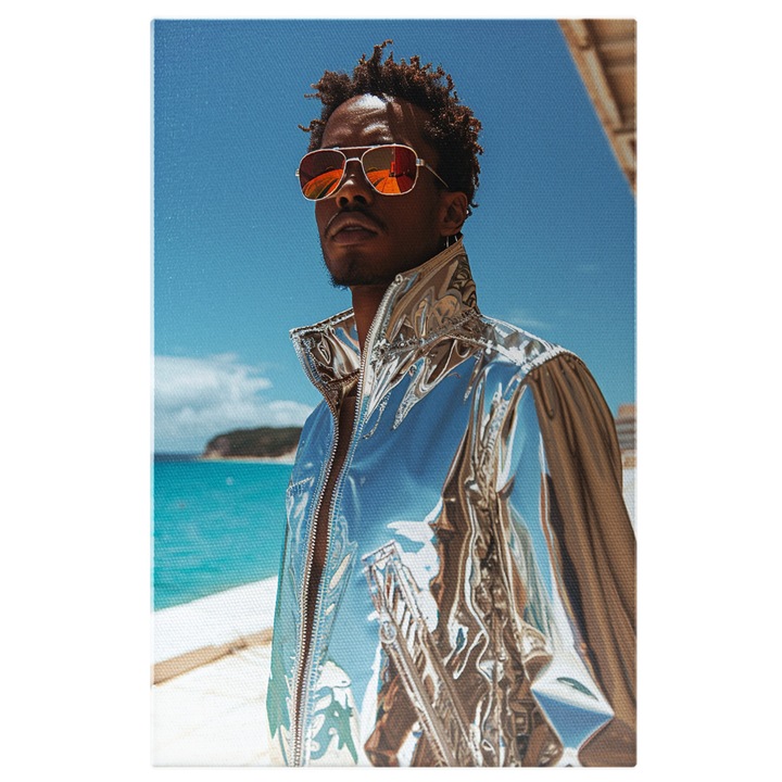 Tablou Canvas Barbat Cool cu Pielea Inchisa in Jacheta Stralucitoare cu Ochelari de Soare care sta langa Mare, Pictura Digitala 40x25CM