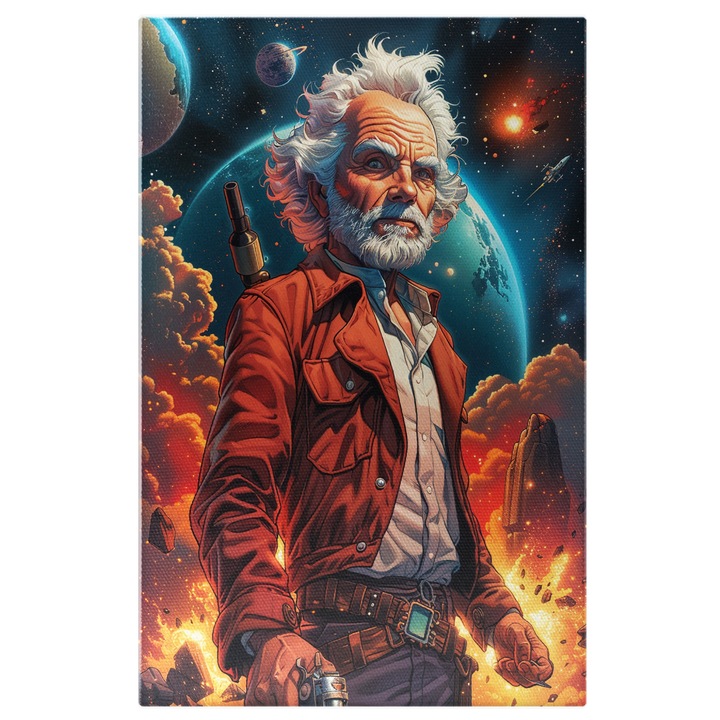 Tablou Canvas Barbat Batran cu Privire Furioasa si Par Alb cu Barba cu un Pistol in Mana si Pusca in Spate, Pictura Digitala 60x40CM