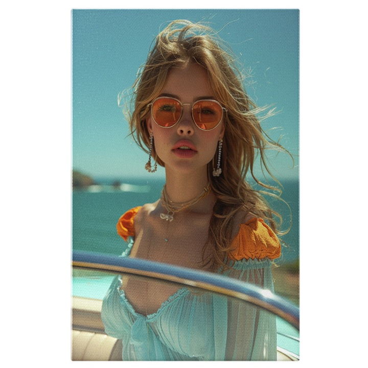 Tablou Canvas Cool Girl Fata in Rochie Albastra cu Cercei si Ochelari de Soare cu Par Blond pe un Yacht, Pictura Digitala 40x25CM