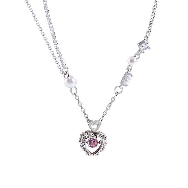 Colier pentru femei YISYNIM, design dublu strat inima, otel titan, lungime ajustabila 40-45cm, argintiu