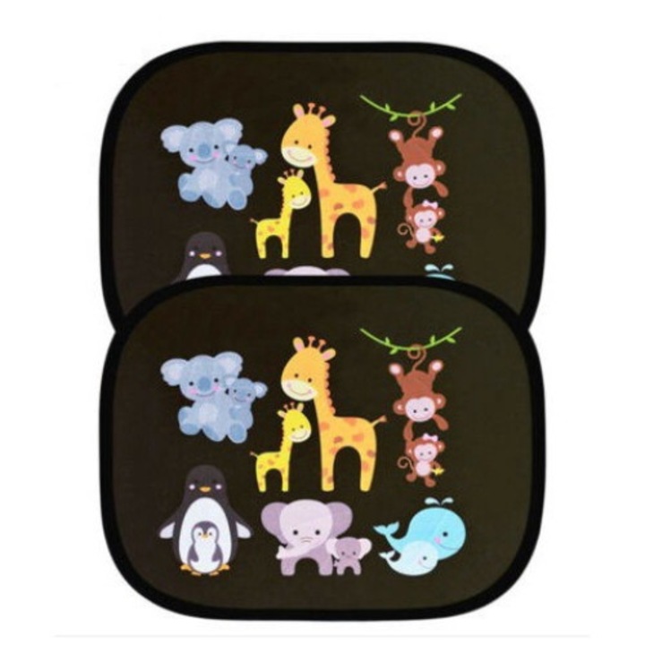 Parasolar auto, protectie UV, set de 2, tema desen animat, negru, cu geanta de depozitare, 44x36 cm