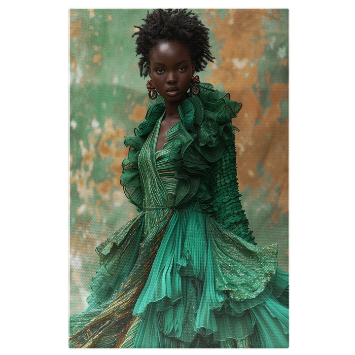 Tablou Canvas African Style Dama in Rochie Vaporoasa Verde cu Model si Cercei cu Buzele Mari si Parul Scurt, Pictura Digitala 100x70CM