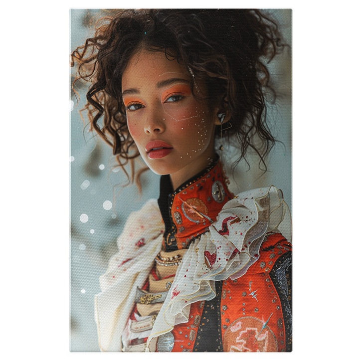 Tablou Canvas Fata cu Pietricele Albe pe Fata Machiata cu Par Saten cu Sclipici in Costum de Domnita, Pictura Digitala 70x50CM