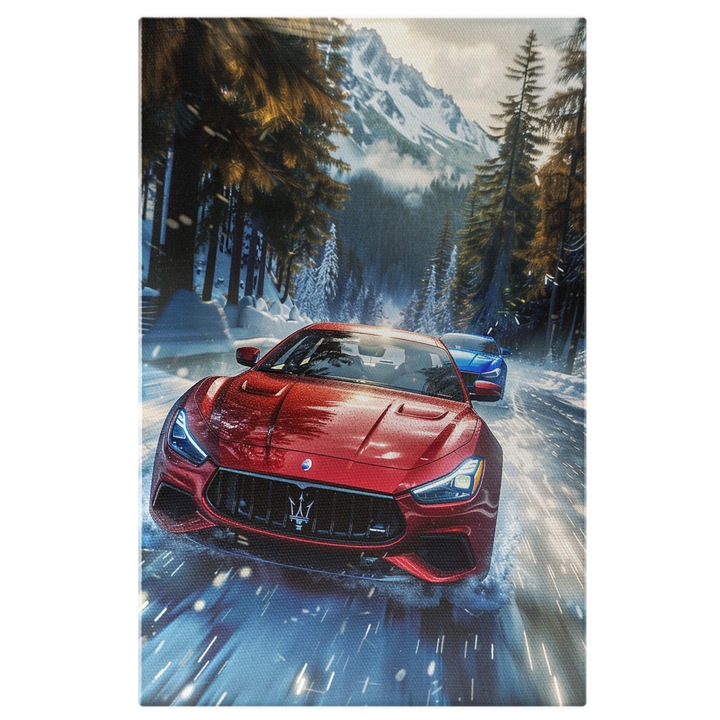 Tablou Canvas Maserati Ghibli Masina Rosie de Lux care face Intrecere cu alt Maserati Albastru pe o Strada cu Zapada, Pictura Digitala 100x70CM