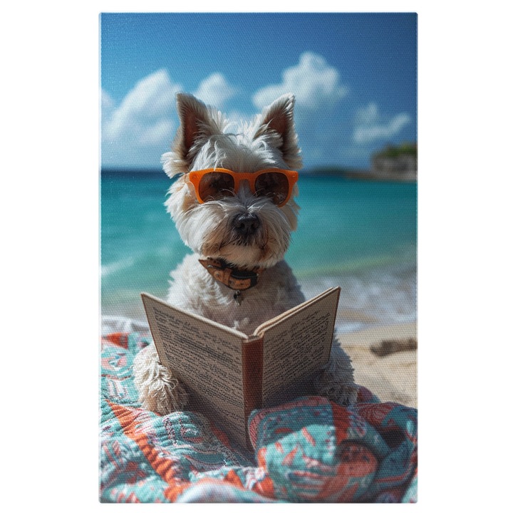Tablou Canvas Caine Alb Rasa West Higland White Terrier pe o Plaja cu Ochelari de Soare Citeste o Carte, Pictura Digitala 60x40CM
