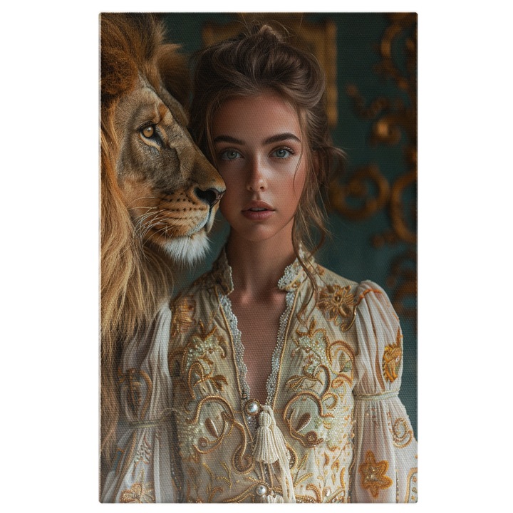 Tablou Canvas Prietena Leului Rege din Jungla, in Rochie Alba cu Ochii Albastri si Parul Prins in Coc langa Leu, Pictura Digitala 40x25CM