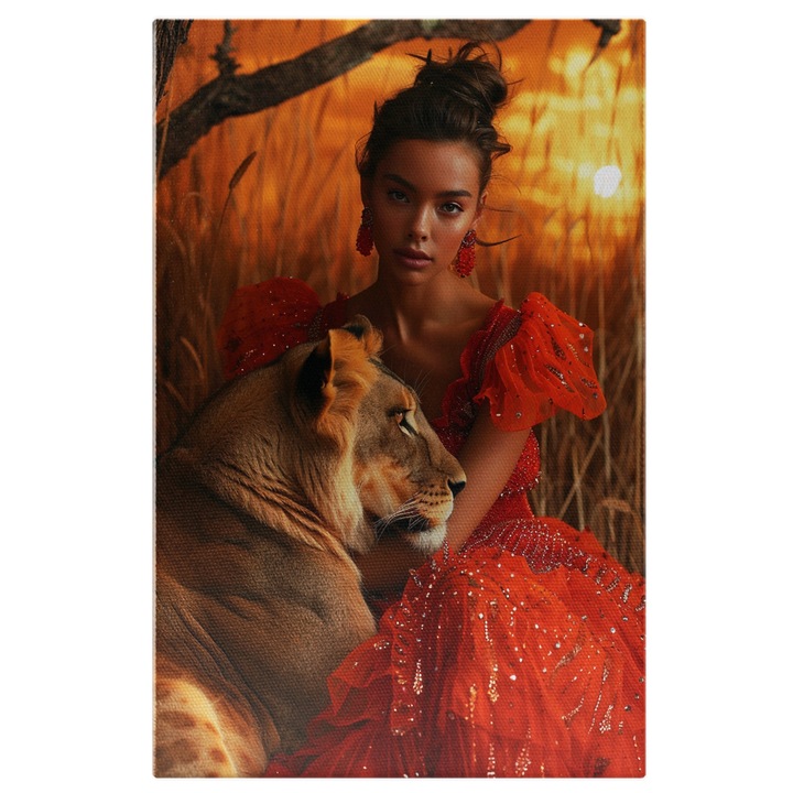 Tablou Canvas Jungla Pustie in care Apune Soarele si stau la Umbra unui Copac un Leu si o Fata cu Cercei Rotunzi, Pictura Digitala 40x25CM