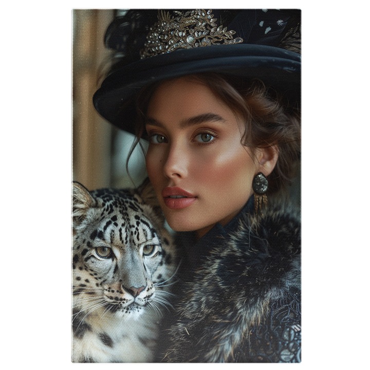 Tablou Canvas Lady cu Cercei si Palarie Neagra cu Coronita si Buze Pasionale cu Haina de Blana si un Leopard Alb, Pictura Digitala 40x25CM