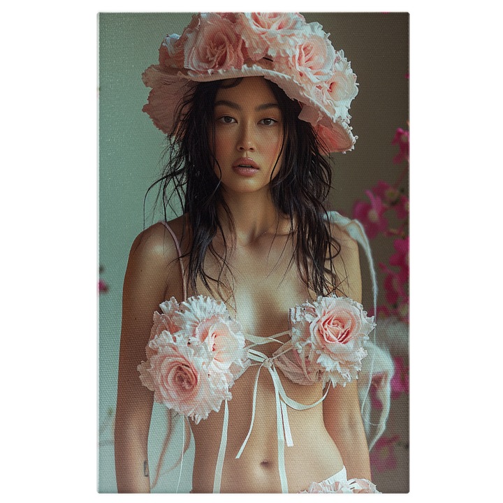 Tablou Canvas Asiatica cu Palarie de Trandafiri si Par Brunet cu Ochii Mici in Costum de Baie Alb-Roz cu Trandafiri, Pictura Digitala 40x25CM