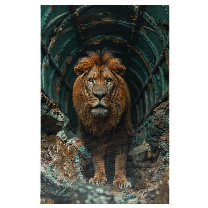 Tablou Canvas Regele Leu cu Coama Ingrijita in Tunel cu Pietre Priveste Ascuns catre Prada ce Urmeaza a-i fi Hrana, Pictura Digitala 60x40CM