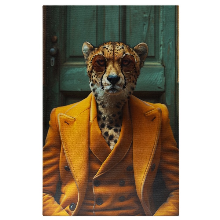 Tablou Canvas Mobster Leopard cu Ochelari de Soare si Vesta cu Sacou si Nasturi Negrii cu Bijuterii la Mana, Pictura Digitala 40x25CM