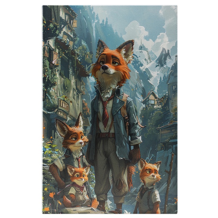 Tablou Canvas Familia de Veverite Tatal, Mama si cei Doi Copii au Plecat in Excursie Imbracati la fel cu Ghiozdane, Pictura Digitala 40x25CM