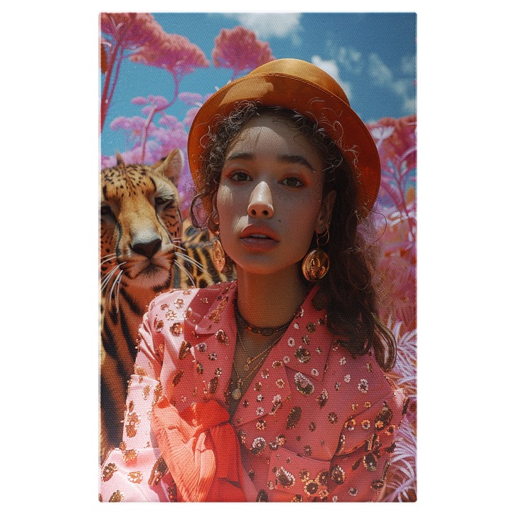 Tablou Canvas Charming Girl cu Palarie Portocalie si Sacou Roz cu Lanturi langa un Leopard si Copaci Roz, Pictura Digitala 40x25CM