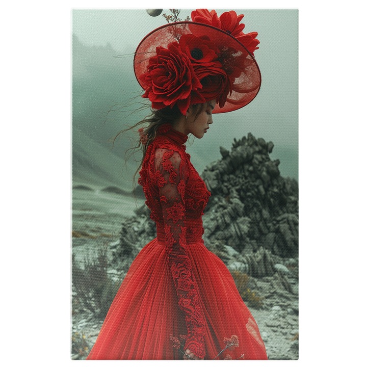 Tablou Canvas Lady in Red cu Palarie de Flori in Rochie Lunga cu Maneci Lungi Dantelate si un Buchetel de Flori, Pictura Digitala 40x25CM