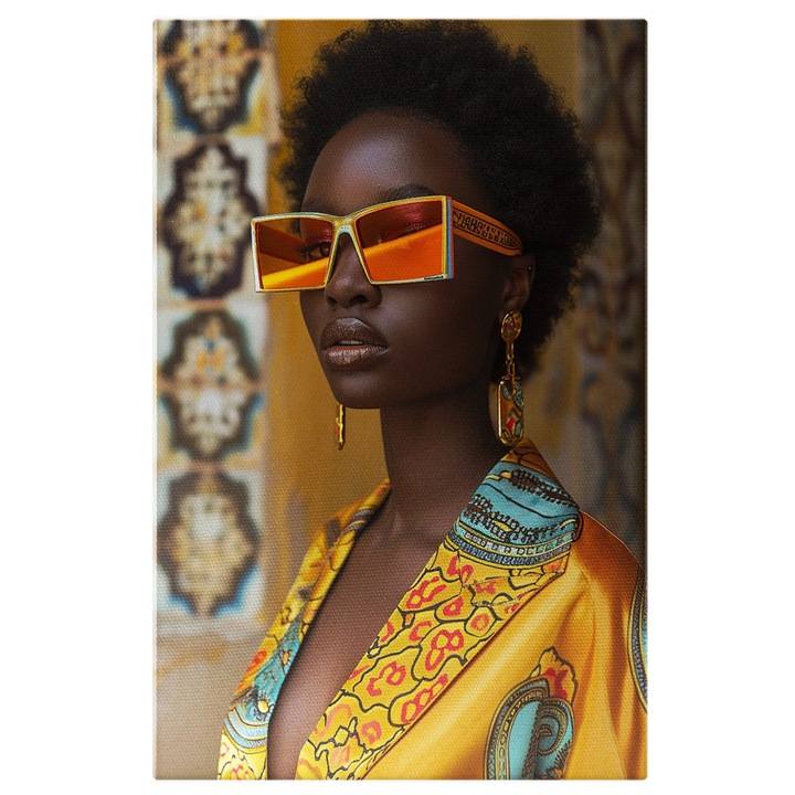 Tablou Canvas Dama cu Pielea Neagra cu Cercei Lungi si Ochelari de Soare in Bluza Eleganta Galbena cu Model, Pictura Digitala 40x25CM
