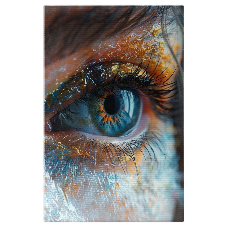 Tablou Canvas Iris Albastru Senin, Ochiul unei Femei cu Gene Lungi si Fata Colorata Portocaliu-Albastru, Pictura Digitala 100x70CM