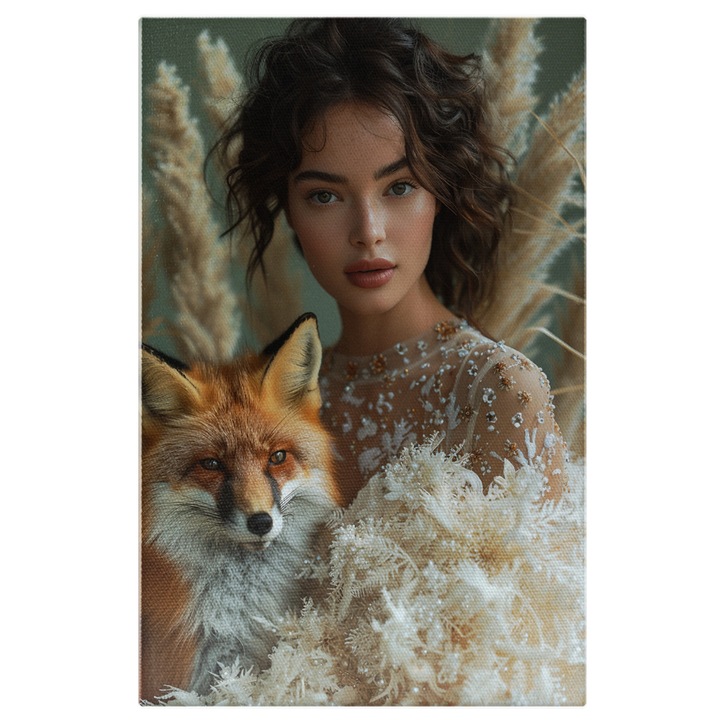 Tablou Canvas Dama cu Parul Saten si Ochii Luminati in Rochie Transparenta si cu o Vulpe Sireata cu Ochii Mici, Pictura Digitala 70x50CM