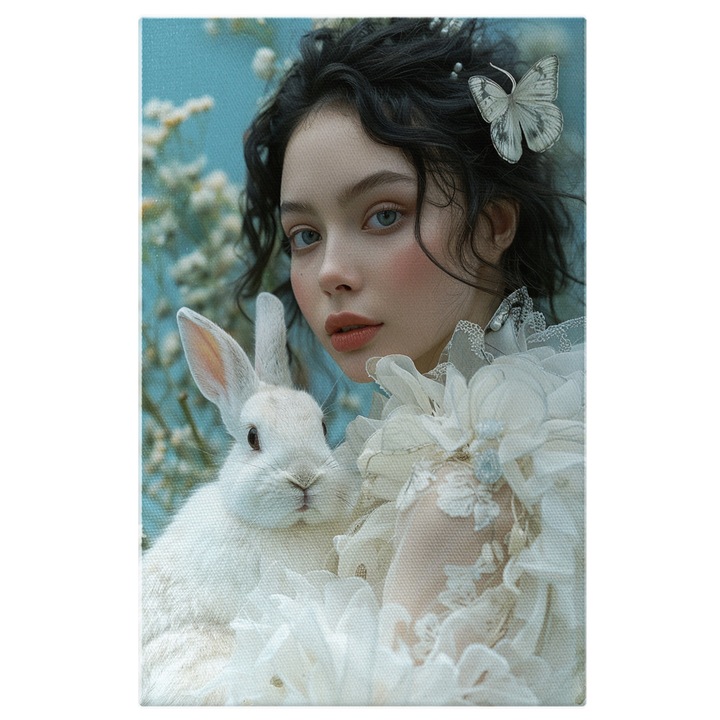 Tablou Canvas Bruneta cu Ochii Limpezi si Fluture in Par in Rochie Alba cu un Iepuras Pufos si Dragut, Pictura Digitala 60x40CM