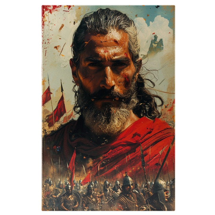 Tablou Canvas Poster cu Batranul Soldat pentru care se Razbuna o Echipa Mare cu Arme si Steaguri Rosii de Furie, Pictura Digitala 90x60CM