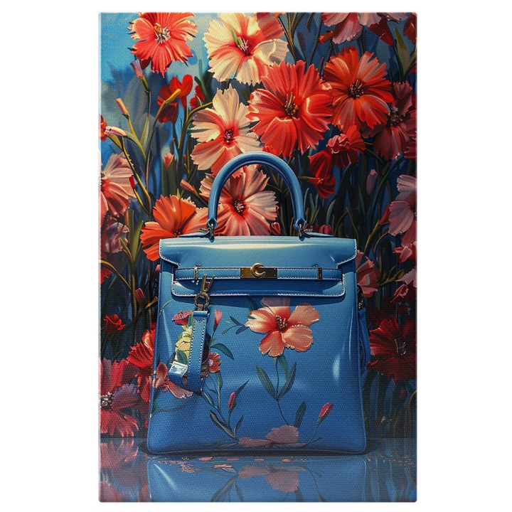 Tablou Canvas Poseta Albastra Dama cu Flori, Geanta de Mana cu un Peisaj de Flori Frumoase in Spate, Pictura Digitala 40x25CM