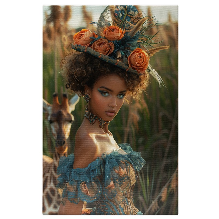 Tablou Canvas Dama cu Palarie cu Trandafiri si Pene cu Ochii Fardati Albastru in Rochie Albastra-Aurie langa Girafe, Pictura Digitala 40x25CM