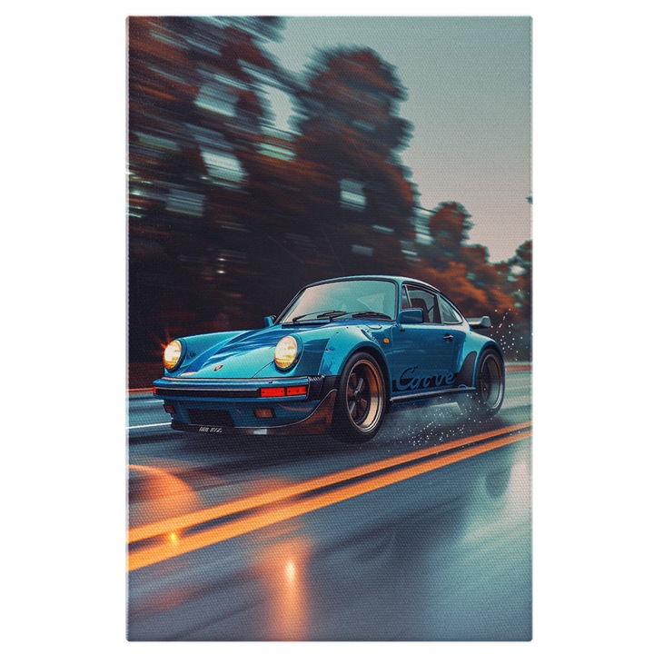 Tablou Canvas Masina Albastra Porsche 911 Turbo cu Farurile Aprinse Fast Car prin Ploaie, Passion for Porsche, Pictura Digitala 60x40CM