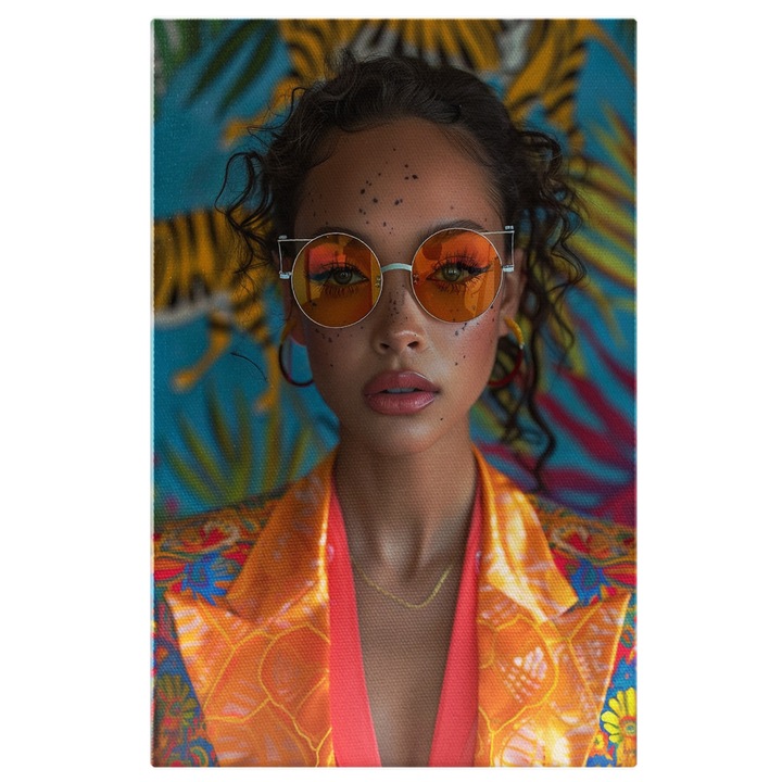 Tablou Canvas Cool Girl cu Ochelari si Pete pe Fata cu Cercei Rotunzi in Sacou Colorat si Lant la Gat, Pictura Digitala 40x25CM