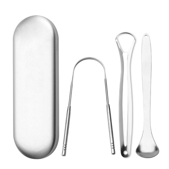 Nyelvkefe készlet, 3 részes, rozsdamentes acél, ezüst