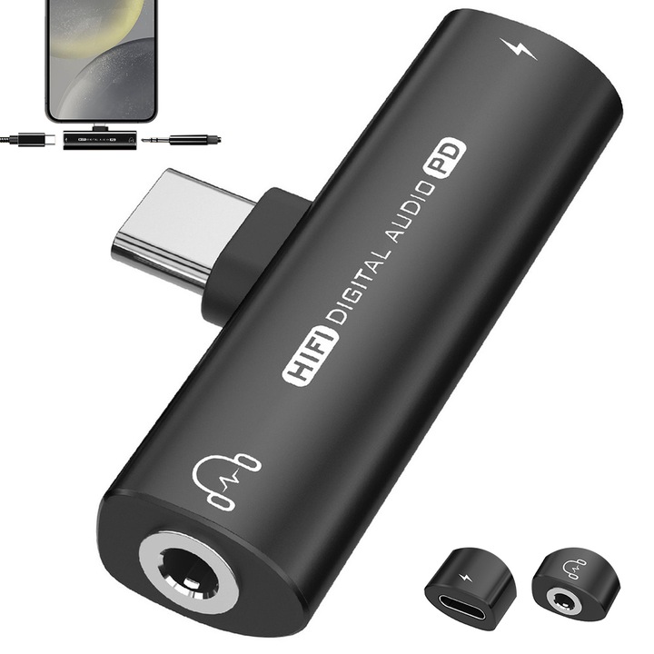 Адаптер за аудио и зареждане JESWO, USB-C към жак 3,5 мм, PD 60W бързо зареждане, черен