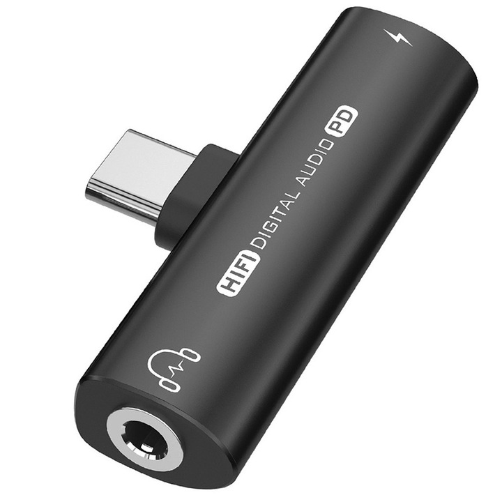Адаптер за аудио и зареждане JESWO, USB-C към жак 3,5 мм, PD 60W бързо зареждане, черен