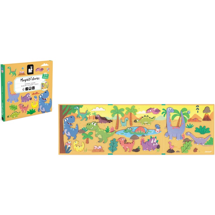 Комплект магнитни фигури Janod - Magneti'stories, Книга, Динозаври, 30 части