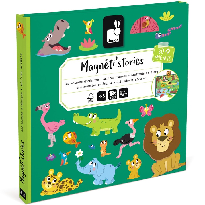 Set plansa cu piese magnetice Janod - Magneti'stories, Animale africane, 30 piese