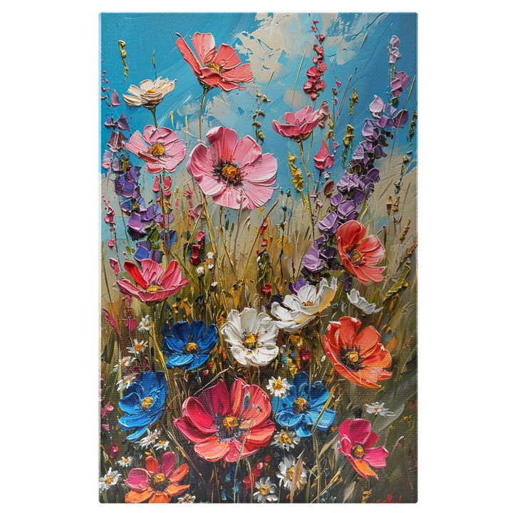 Картина на платно Ред от свежи и цветни цветя с ясно синьо небе и израснала зелена трева, Дигитална картина 40x25CM