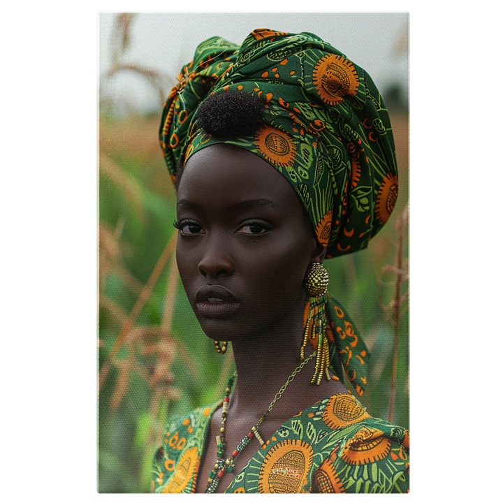 Tablou Canvas Femeie Negresa in Rochie Verde cu Portocaliu si Cercei cu Turban in Cap si Colier la Gat, Pictura Digitala 40x25CM