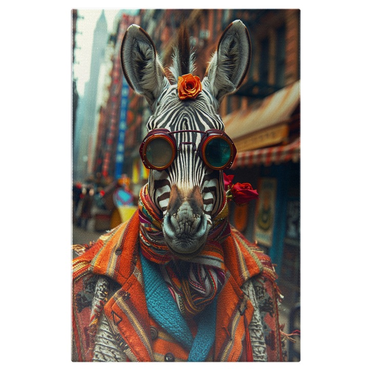 Tablou Canvas Cool Zebra cu Ochelari si Trandafir in Frunte cu Esarfa si Palton Gros iesit la Plimbare, Pictura Digitala 40x25CM