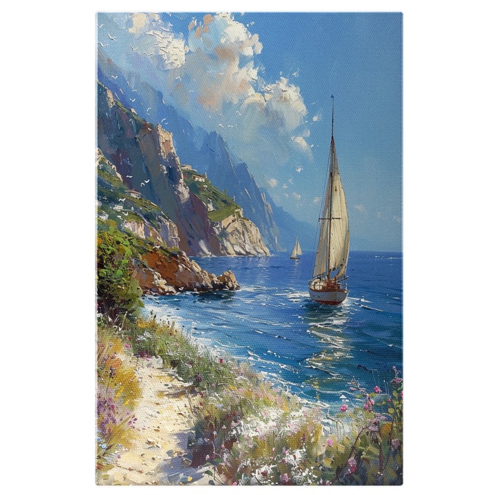 Tablou Canvas Peisaj Linistitor cu Marea Albastra pe care se Plimba Barcile si Stancile Mari cu Cerul Senin, Pictura Digitala 40x25CM