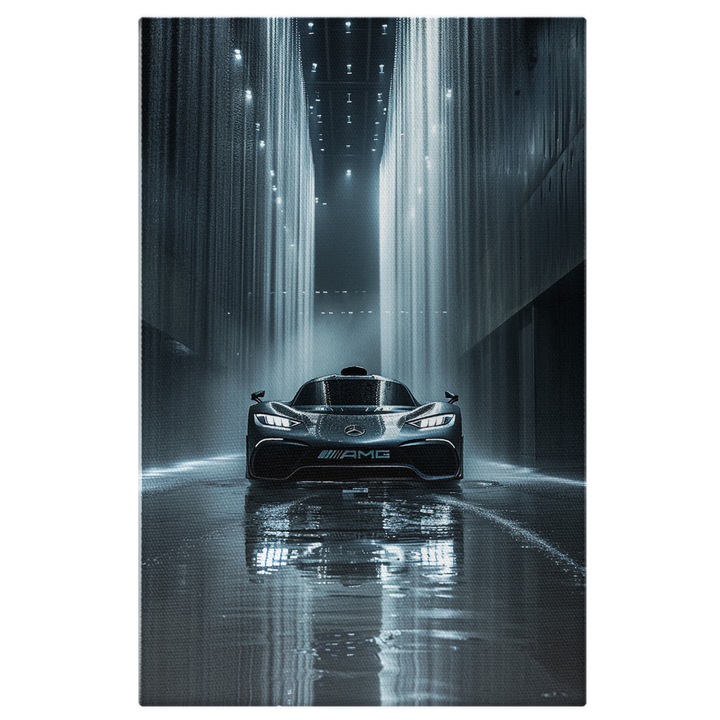 Tablou Canvas Camera Intunecata cu Lumini in care se afla o Masina Neagra Mercedes de Lux Sport Car, Pictura Digitala 40x25CM