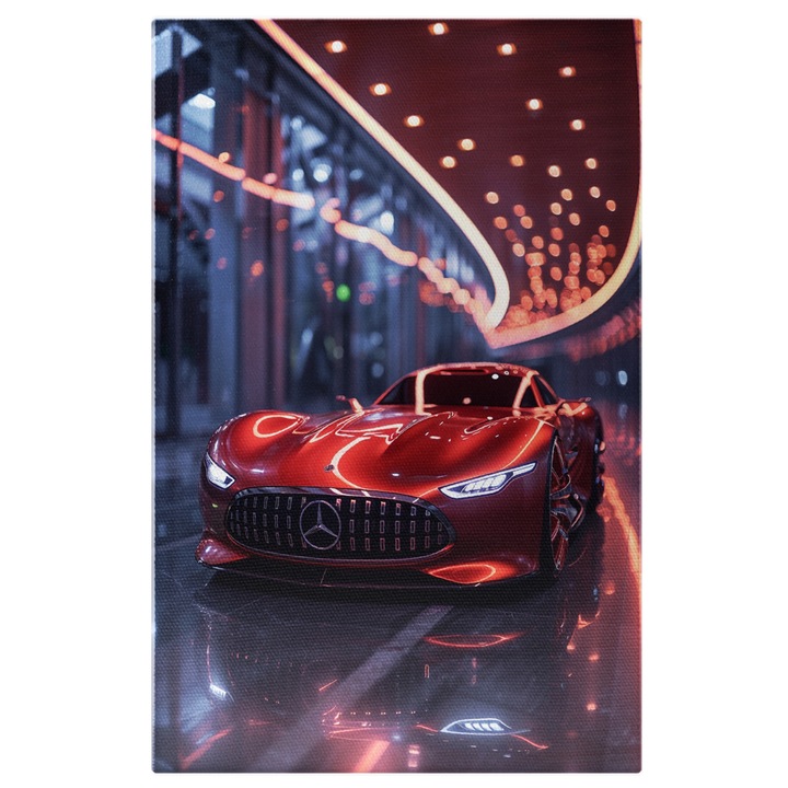 Tablou Canvas Cladire cu Lumini Ambientale in care se afla o Masina Spor Mercedes Rosu cu Faruri Aprinse, Pictura Digitala 70x50CM