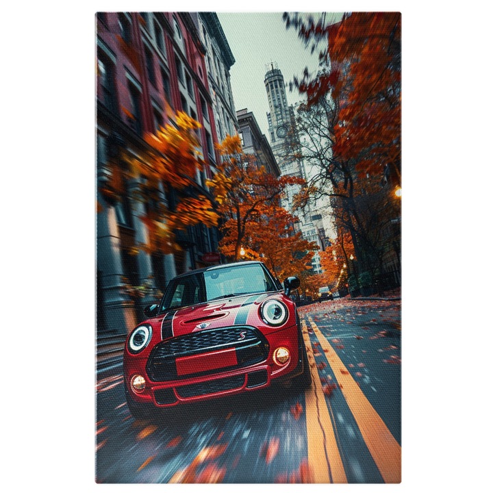 Tablou Canvas Mini Cooper Masinuta Rosie cu Dungi Negre pe Capota pe o Strada Linistita cu Copaci Tomnatici, Pictura Digitala 60x40CM