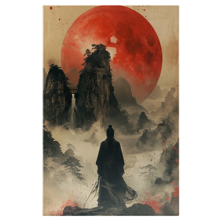Tablou Canvas Samurai Japonez in Kimono Negru pe un Munte Deasupra Padurii cu Ceata Multa Privind Luna Rosie, Pictura Digitala 70x50CM