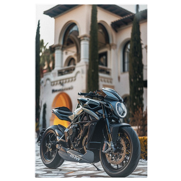 Tablou Canvas Casa unui Pasionat de Motocicleta, o Curte Mare si Frumos Ingrijita cu o Motocicleta Neagra, Pictura Digitala 40x25CM