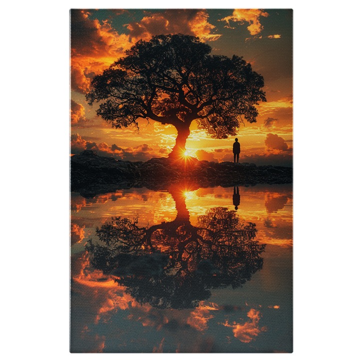 Tablou Canvas un Lac Limpede in care se Reflecta Copacul si Cerul Albastru cu Nori si Barbatul de langa Copac, Pictura Digitala 60x40CM